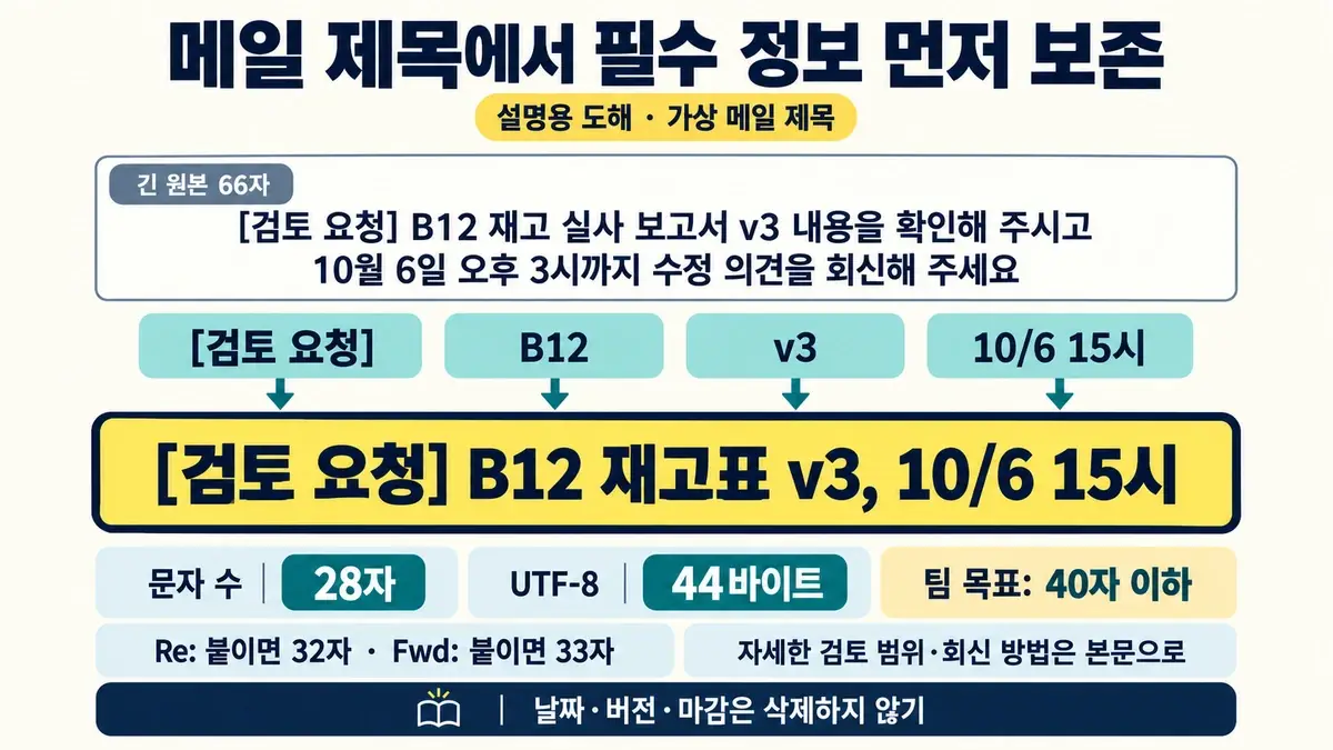 긴 원본 메일 제목 66자에서 검토 요청, B12, v3, 10월 6일 15시를 보존해 28자와 UTF-8 44바이트의 제목으로 줄이는 설명용 도해