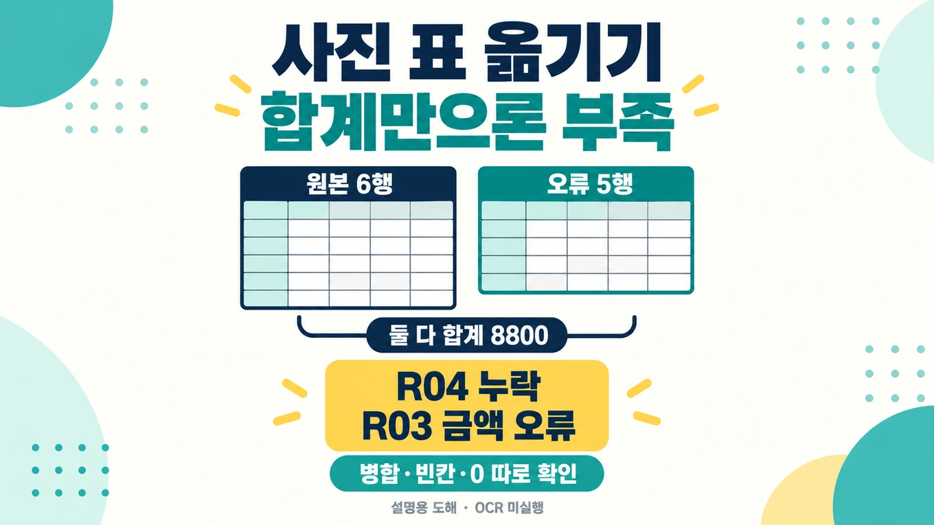 사진표검토에서 원본6행과 오류5행의 합계8800이 같아도 R04누락·R03금액오류를 확인하고 병합·빈칸·0을 분리하는 설명용 도해