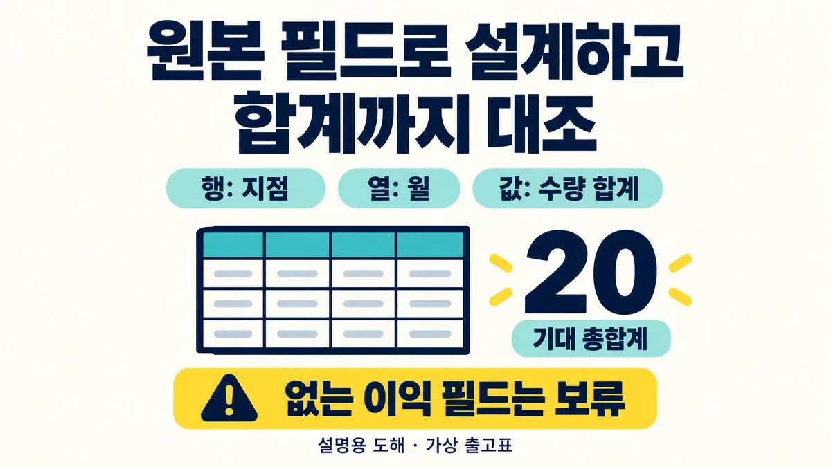 행은 지점, 열은 월, 값은 수량 합계로 설계하고 기대 총합계 20을 대조하며 없는 이익 필드는 보류하는 도해