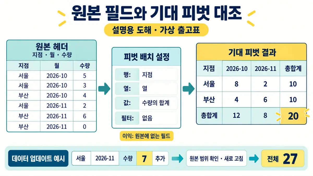 피벗테이블 제안이 원본과 다를 때: 필드·배치·합계 확인 2 원본 지점·월·수량 6행을 지점별 월간 수량 합계 피벗 설계에 연결하고 기대 총합계 20과 새 행 추가 후 27을 확인하는 도해