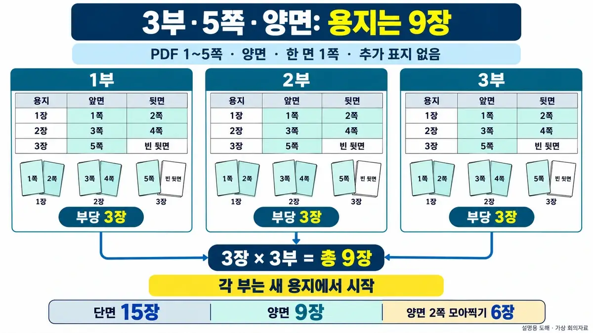 5쪽 자료를 양면 한 면 1쪽으로 3부 인쇄할 때 부마다 3장의 용지를 사용해 총 9장이 되는 구성