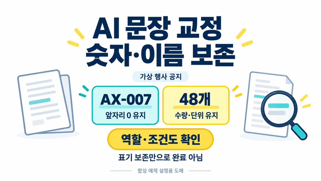 가상 행사 공지 교정에서 AX-007의 앞자리 0과 48개의 수량·단위를 유지하고 역할·조건도 별도 확인하라고 안내하는 설명용 도해
