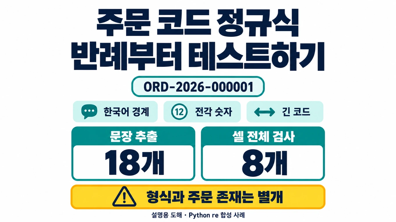 가상 주문 코드의 한국어 경계·전각 숫자·긴 코드 반례와 문장 추출 열여덟 사례, 셀 전체 여덟 사례를 구분한 설명용 도해