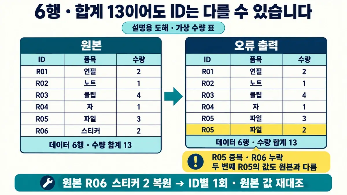 원본 R01부터 R06까지의 수량 표와 마지막 R06이 R05로 바뀐 오류 출력을 대조해 같은 6행 합계 13에서도 누락과 중복이 생기는 것을 보여 주는 도해
