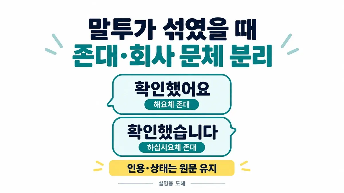 확인했어요와 확인했습니다를 각각 해요체 존대와 하십시오체 존대로 분류하고 인용·상태의 원문 유지를 안내한 도해