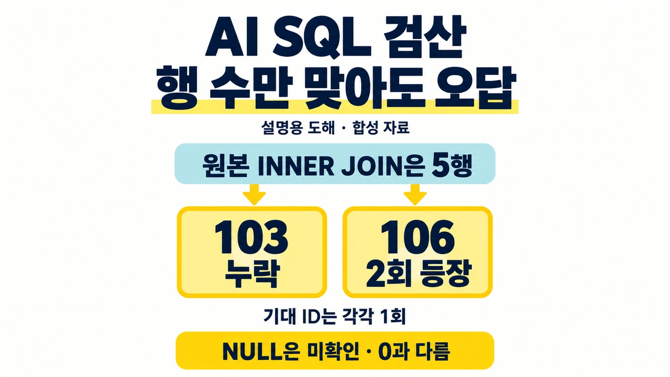 AI SQL에서 행 수 5가 같아도 주문 103 누락과 106의 2회 등장이 오답임을 보여 주고 NULL을 미확인으로 구분하는 설명용 도해