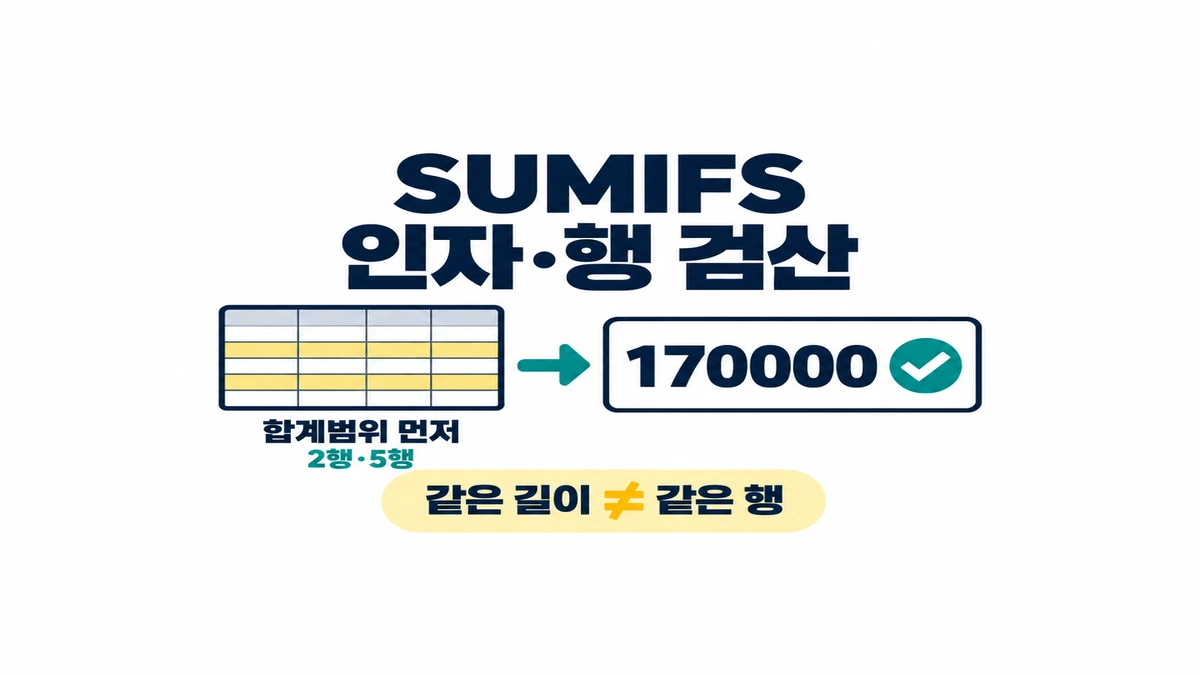 SUMIFS 합계범위와 포함 행 2·5, 기대 합계 170000과 행 밀림 경고를 연결한 설명용 도해
