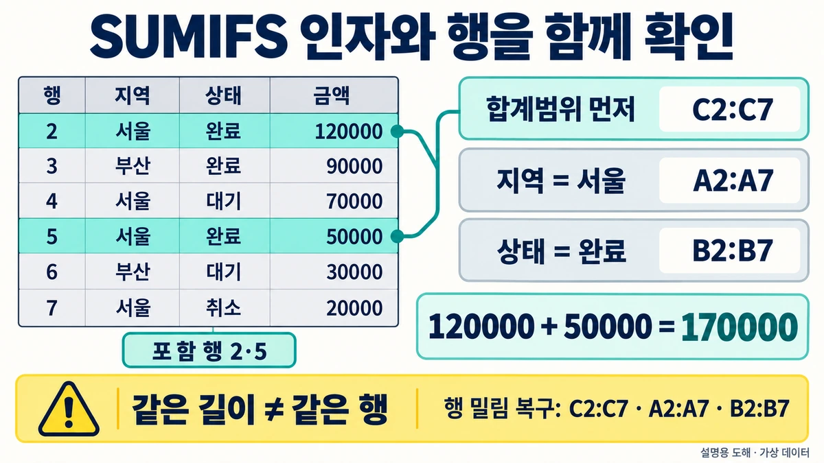 가상 주문 6행 중 서울·완료인 2행과 5행의 금액 170000을 SUMIFS 범위와 연결한 설명 도해