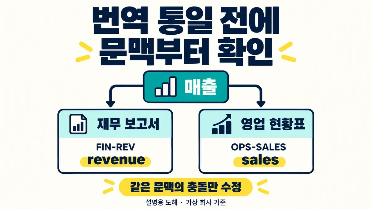 같은 한국어 매출의 승인 영어를 재무 보고서에서는 revenue, 영업 현황표에서는 sales로 구분하고 문맥부터 확인하는 도해