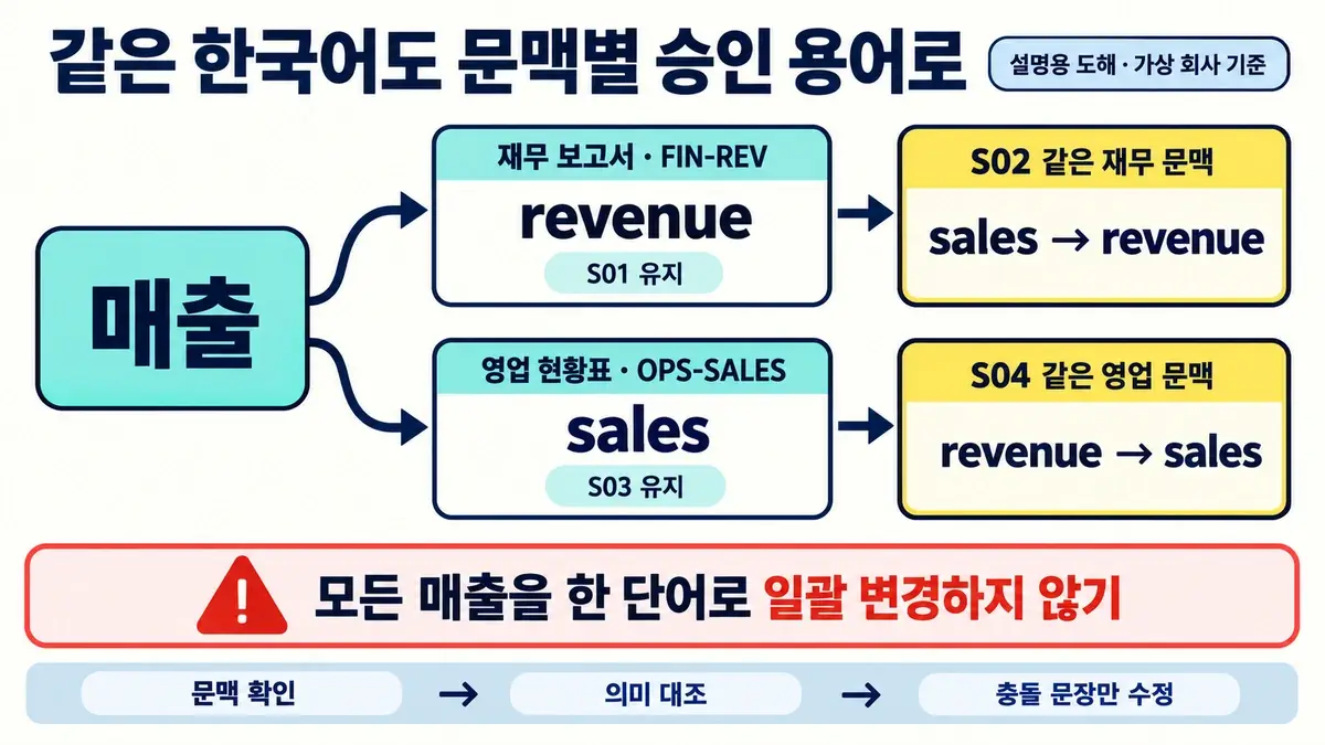 가상 회사의 매출 용어를 재무 보고서 FIN-REV의 revenue와 영업 현황표 OPS-SALES의 sales로 나누고 충돌 문장 S02와 S04만 수정하는 도해