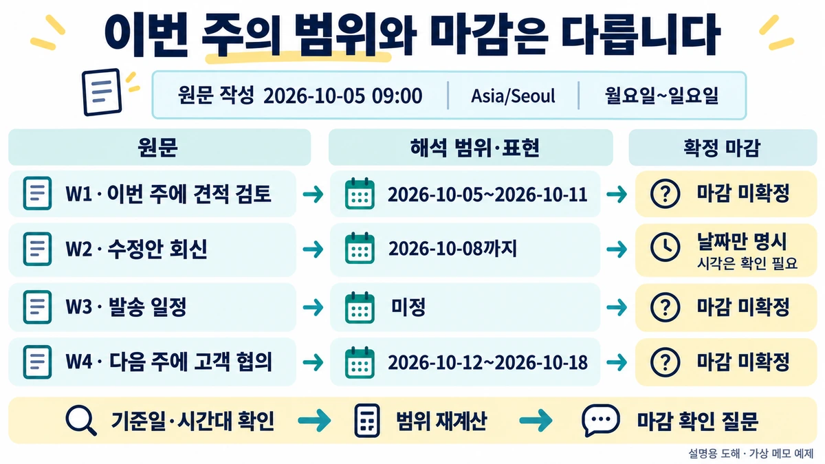 기준일 2026년 10월 5일에서 이번 주 범위 10월 5~11일과 명시된 회신 마감 10월 8일을 분리한 도해