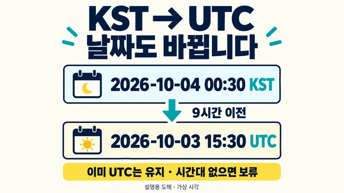 KST 2026년 10월 4일 00시 30분이 UTC 10월 3일 15시 30분이 되는 날짜 경계와 이미 UTC인 값의 중복 변환 금지를 보여 주는 도해
