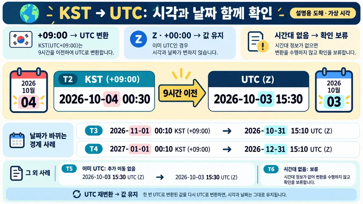 KST 2026년 10월 4일 00시 30분을 UTC 10월 3일 15시 30분으로 변환하고 월·연도 경계, 이미 UTC인 값 유지와 시간대 없는 값의 보류를 확인하는 도해