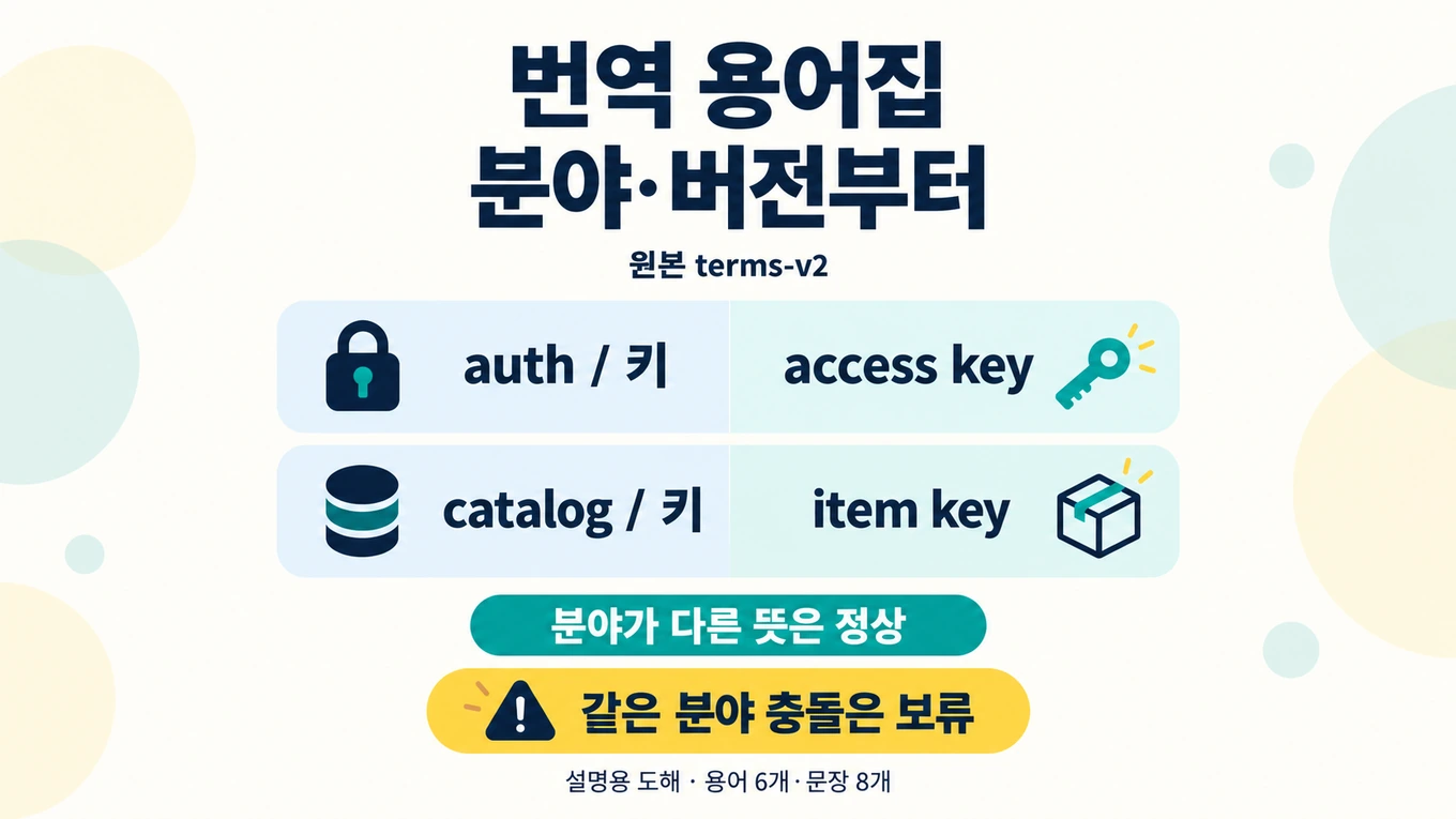 가상원본terms-v2에서 auth키의access key와catalog키의item key를 정상다의어로유지하고 같은분야승인충돌을보류하는 설명용 도해