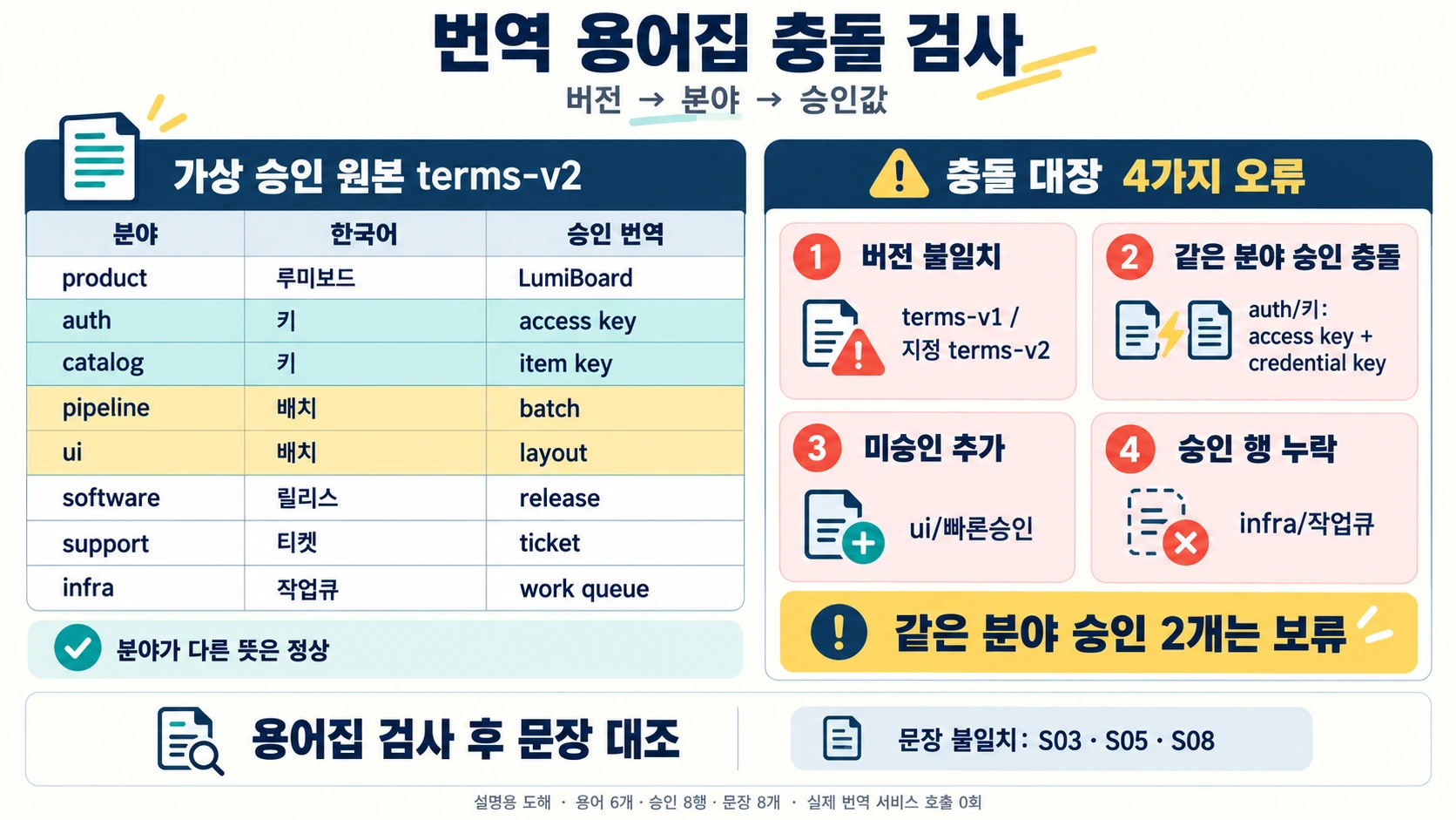 가상승인원본terms-v2의 분야별8행을 대조하고 키와배치의 다의어정상사례와 버전불일치·같은분야승인충돌·미승인추가·누락4오류를 나눈 설명용 도해