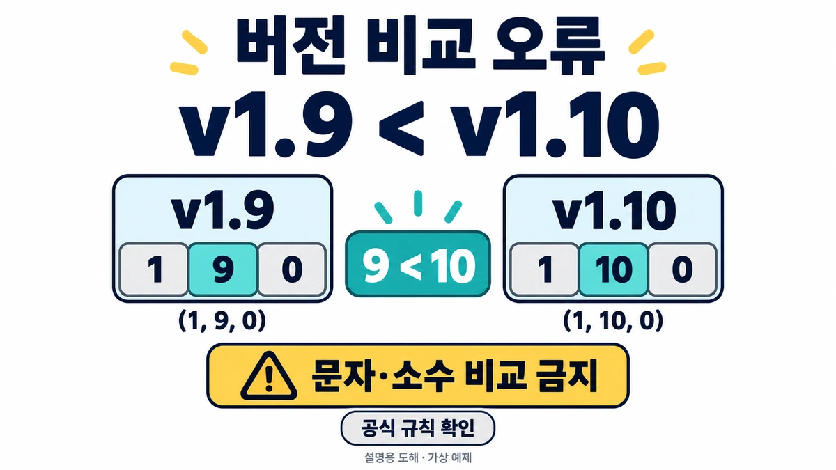 v1.9보다 v1.10이 높은 이유를 정수 9와 10으로 보여 주고 문자·소수 비교를 경고한 설명용 도해