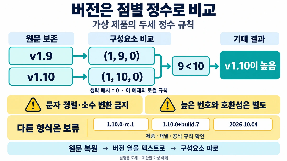 가상버전v1.9와v1.10을정수구성요소로비교하고다른버전규칙은확인으로남기는설명도해