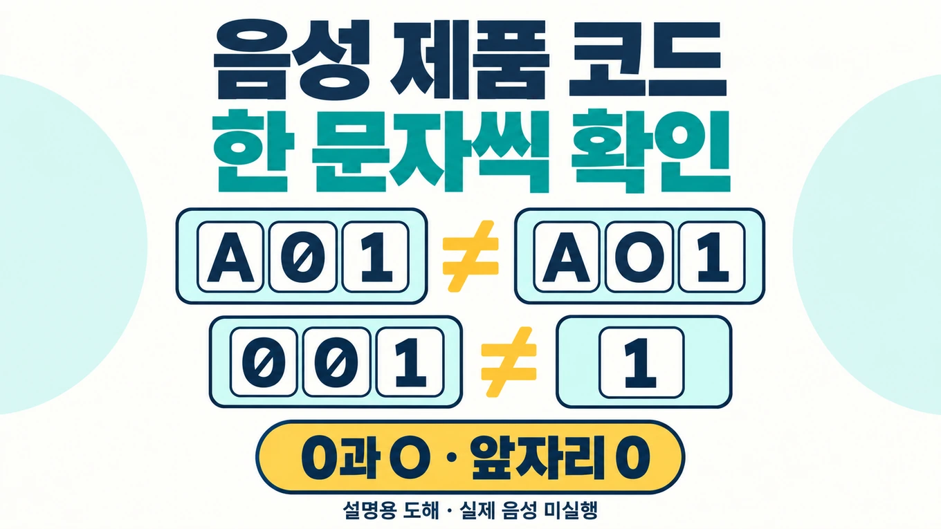 음성제품코드의 A01과 AO1, 문자열001과1이 다름을 문자슬롯으로 보여주고 실제음성미실행을 밝힌 설명용 도해