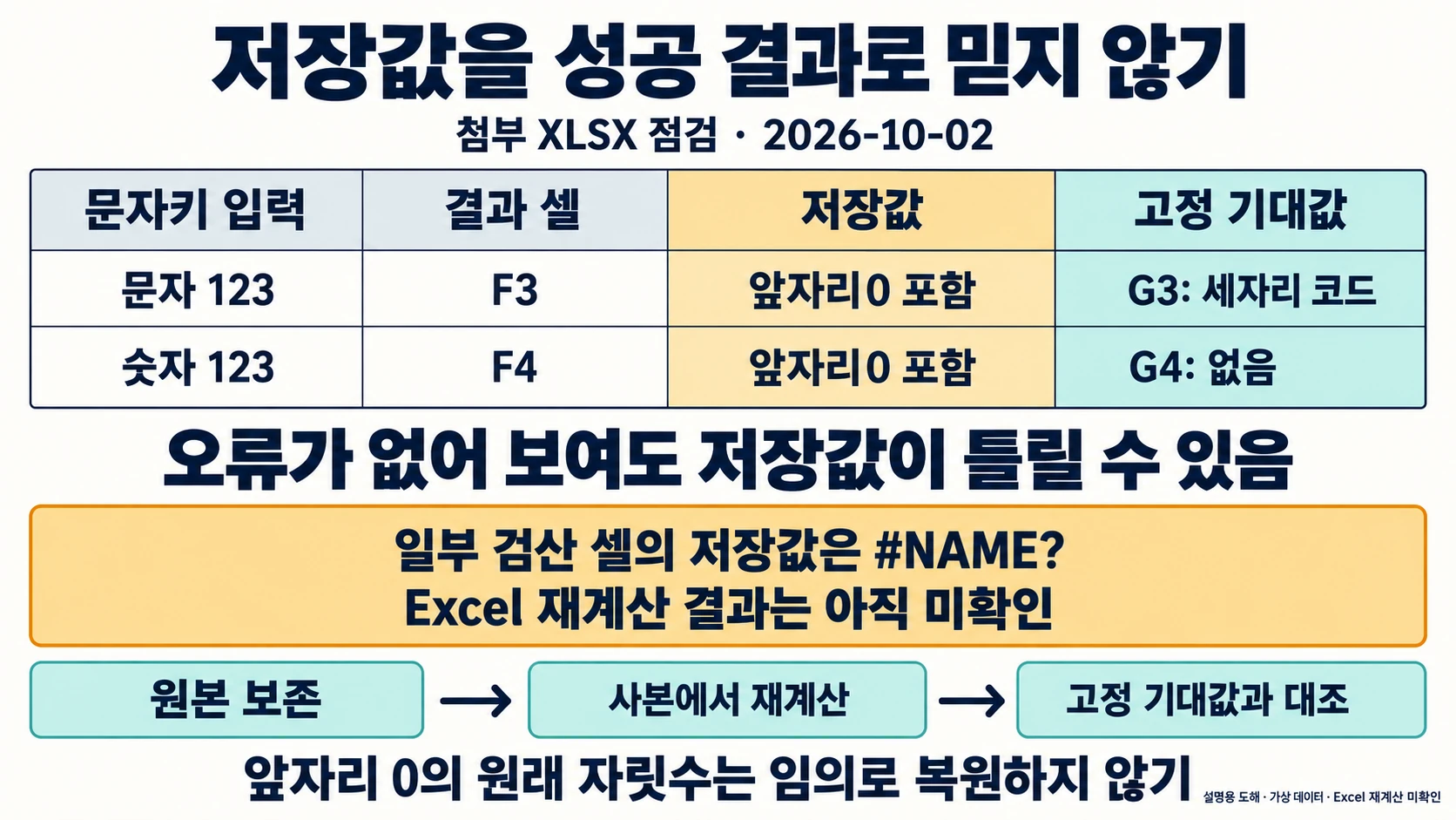VLOOKUP 왼쪽 조회: 6행 직원표로 INDEX·MATCH와 XLOOKUP 검산하기 6 2026년10월2일확인된문자키저장값과고정기대값불일치를구분하고사본재계산을안내한 설명 도해