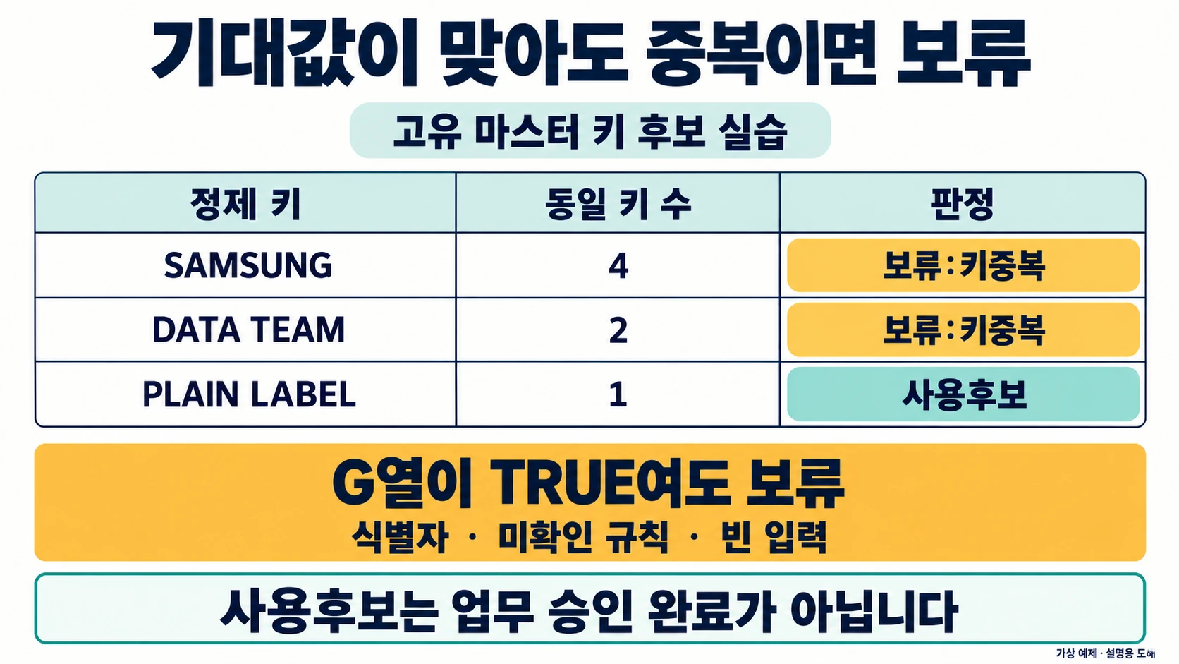 정제된SAMSUNG4개·DATA TEAM2개는중복보류하고고유PLAIN LABEL1개만사용후보로보는 설명 도해