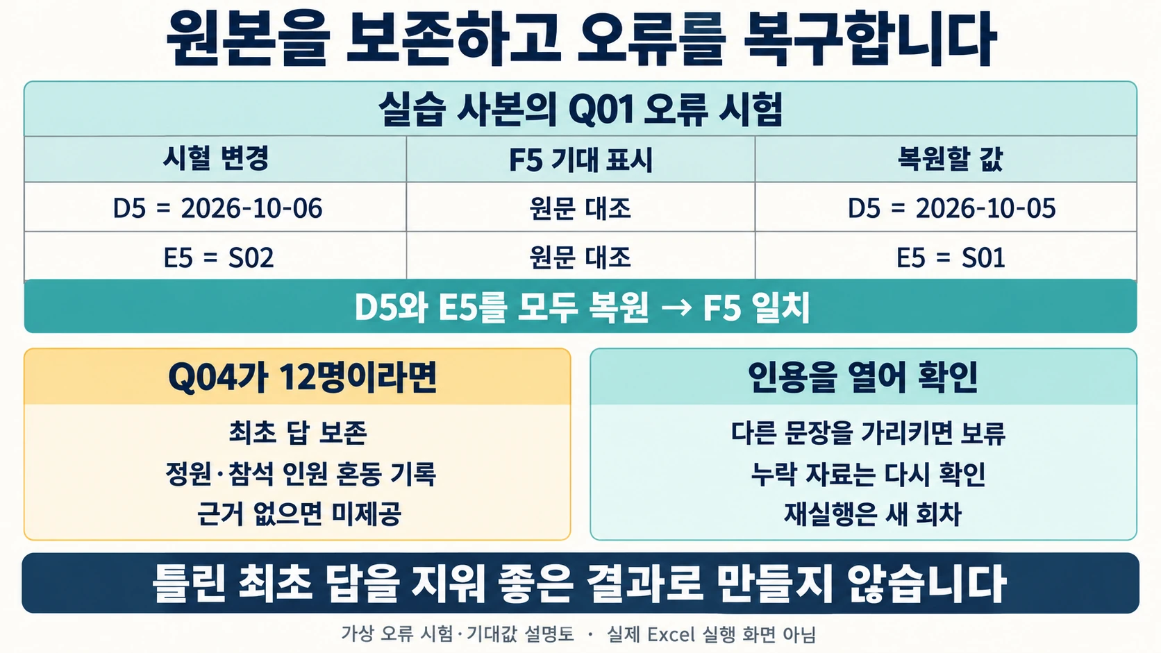 D5 날짜와 E5 근거의 오류 시험 및 복원, Q04 정원·참석 인원 혼동 시 원본 보존 절차
