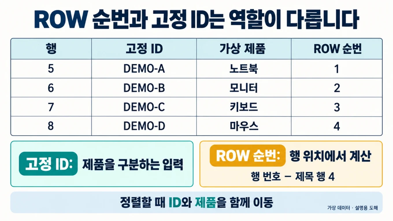 가상 네 제품의 고정 ID와 ROW 위치 순번