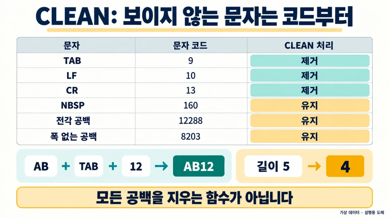 CLEAN이 제거하는 TAB·LF·CR과 유지하는 유니코드 문자
