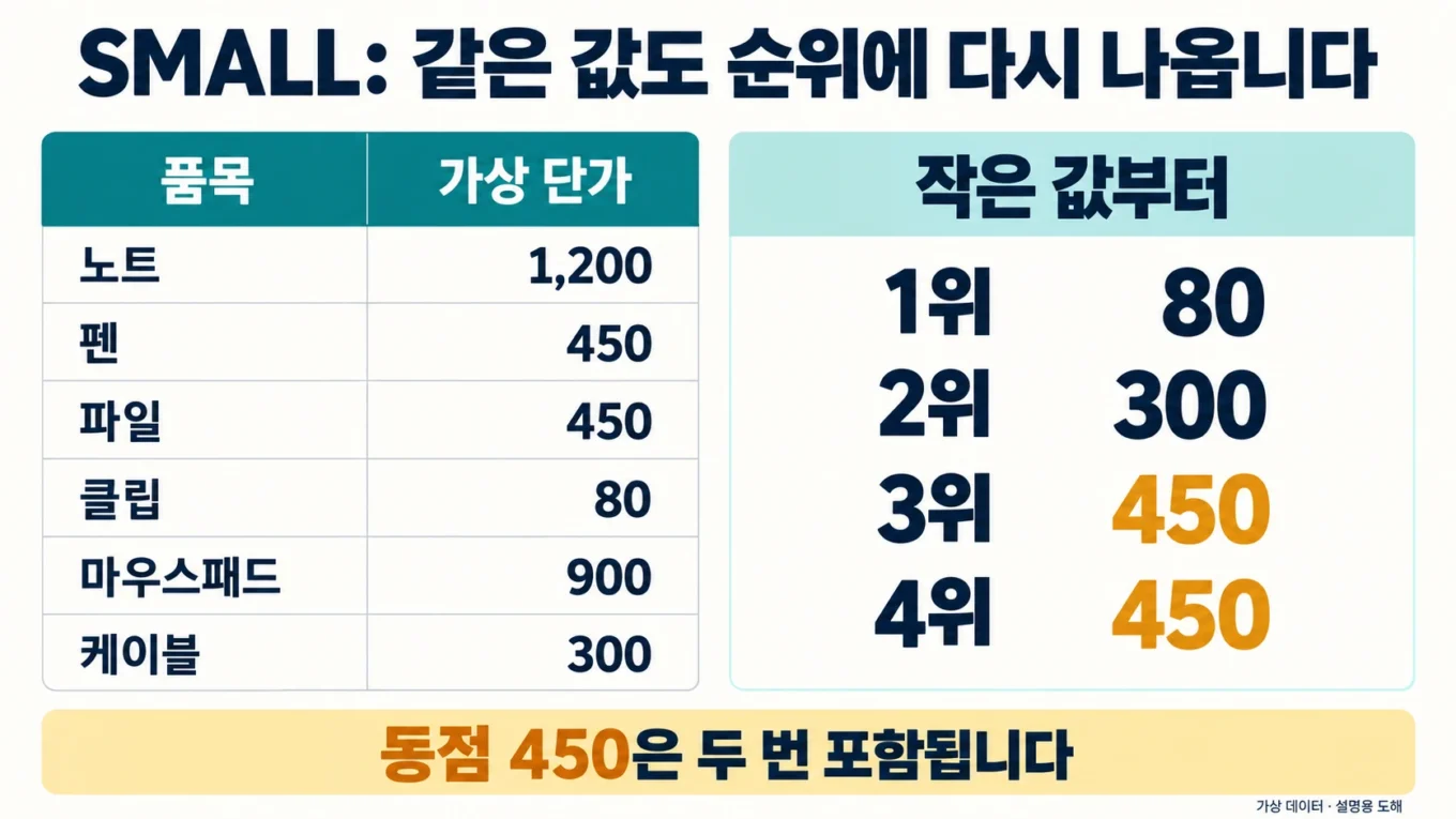 SMALL 하위 순위에서 동점450이 두 번 포함되는 예제