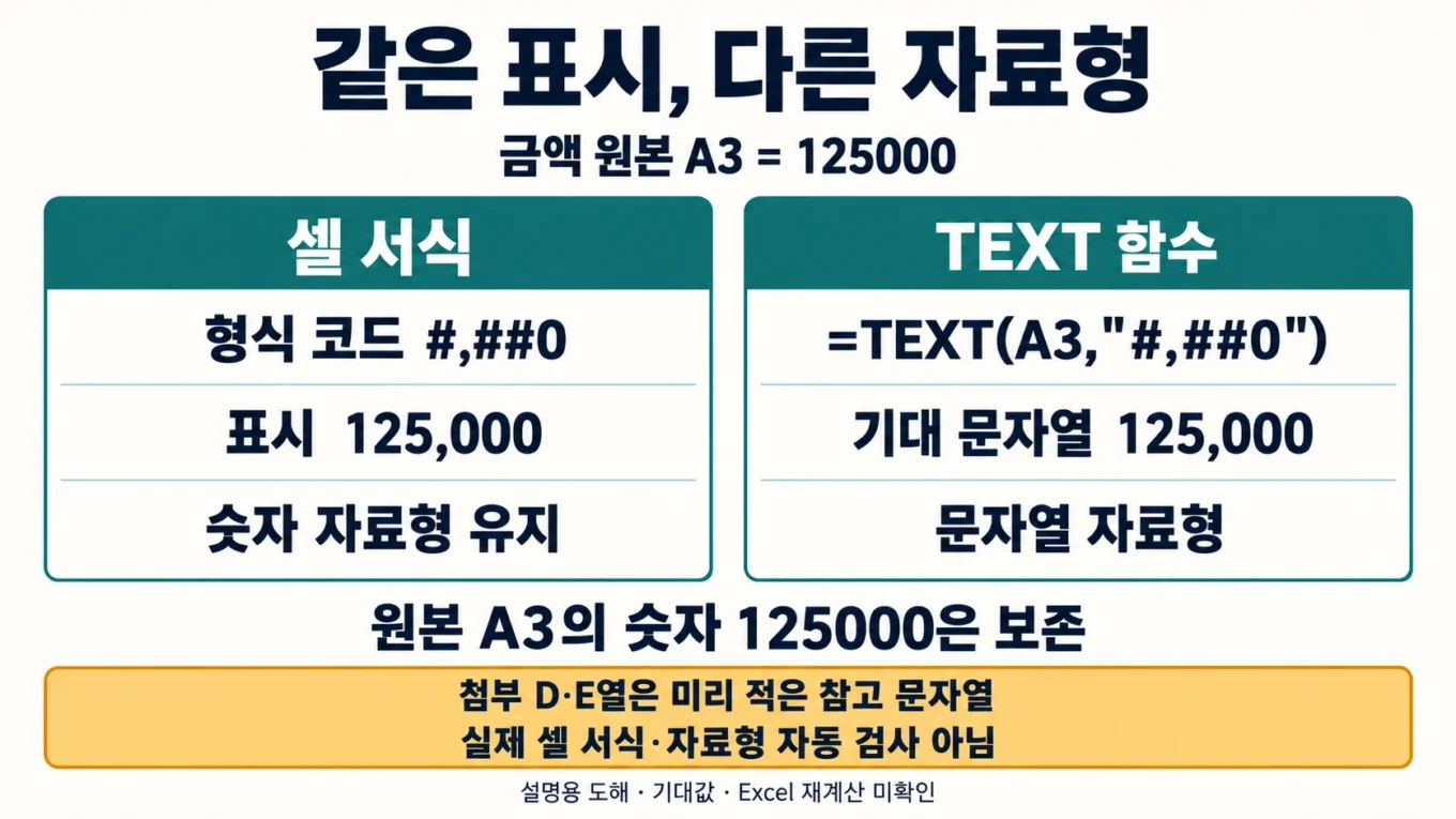 같은 125000 원본에서 셀 서식은 숫자를 유지하고 TEXT는 문자열을 만드는 차이를 설명한 도해