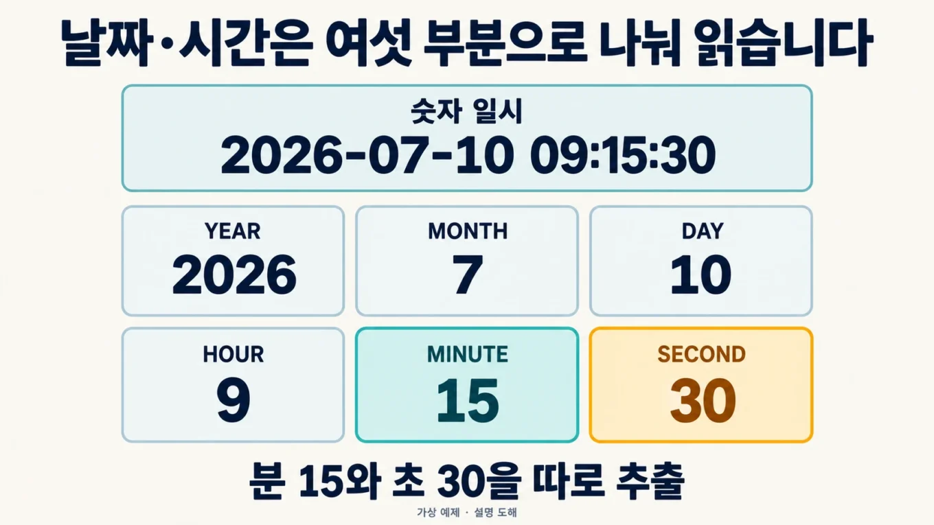 가상 일시 2026년 7월 10일 09시 15분 30초를 연·월·일·시·분·초로 분리한 설명 도해