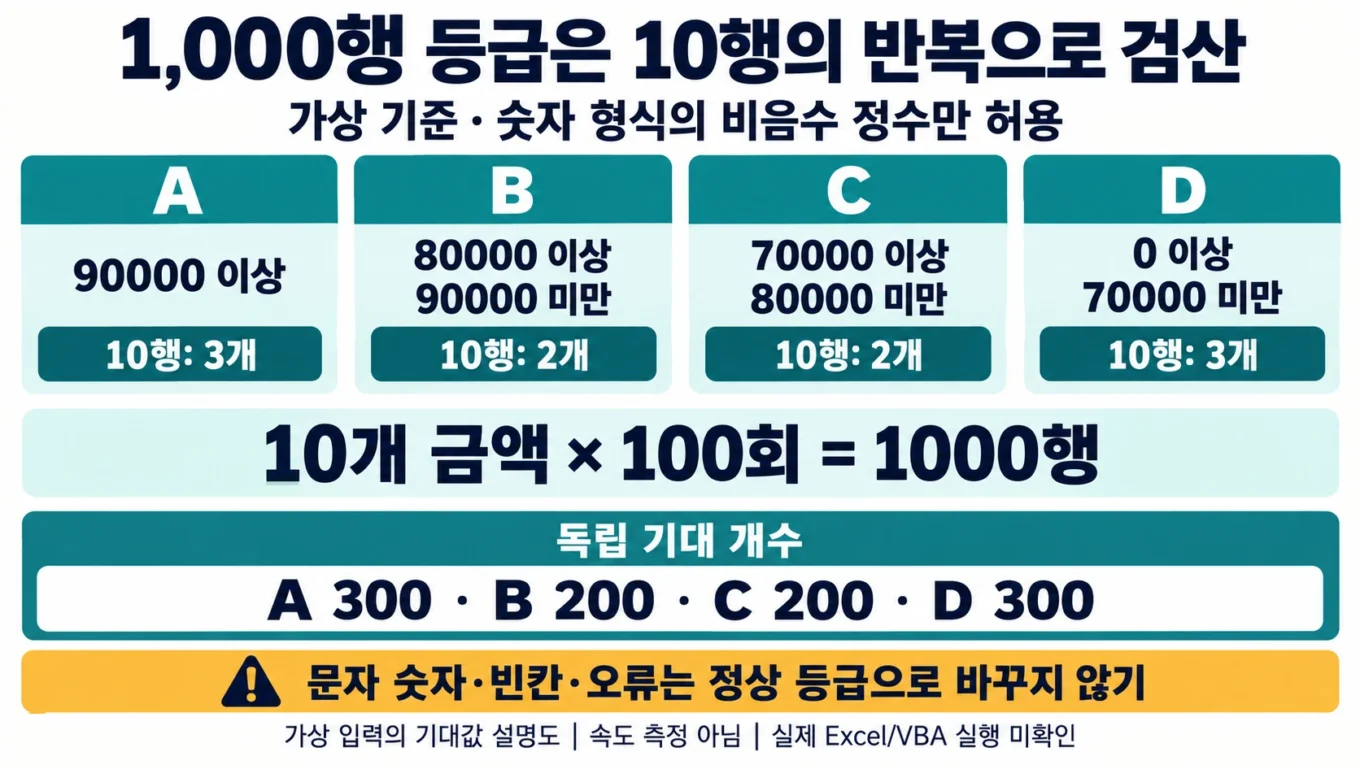 숫자 비음수 정수의 A·B·C·D 등급 기준과 10행을 100회 반복한 1000행의 기대 개수 300·200·200·300을 설명한 도해