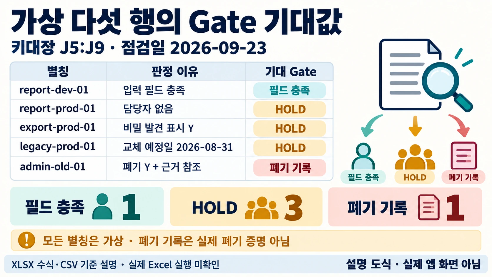 점검일 2026-09-23의 가상 다섯 별칭과 필드 충족 1·HOLD 3·폐기 기록 1을 대조한 설명 도해