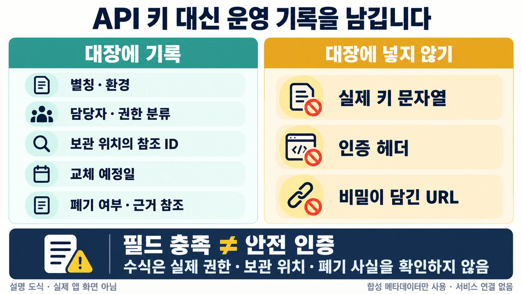실제 API 키 대신 별칭·담당자·권한·보관 참조·교체와 폐기 기록을 남기는 설명 도해