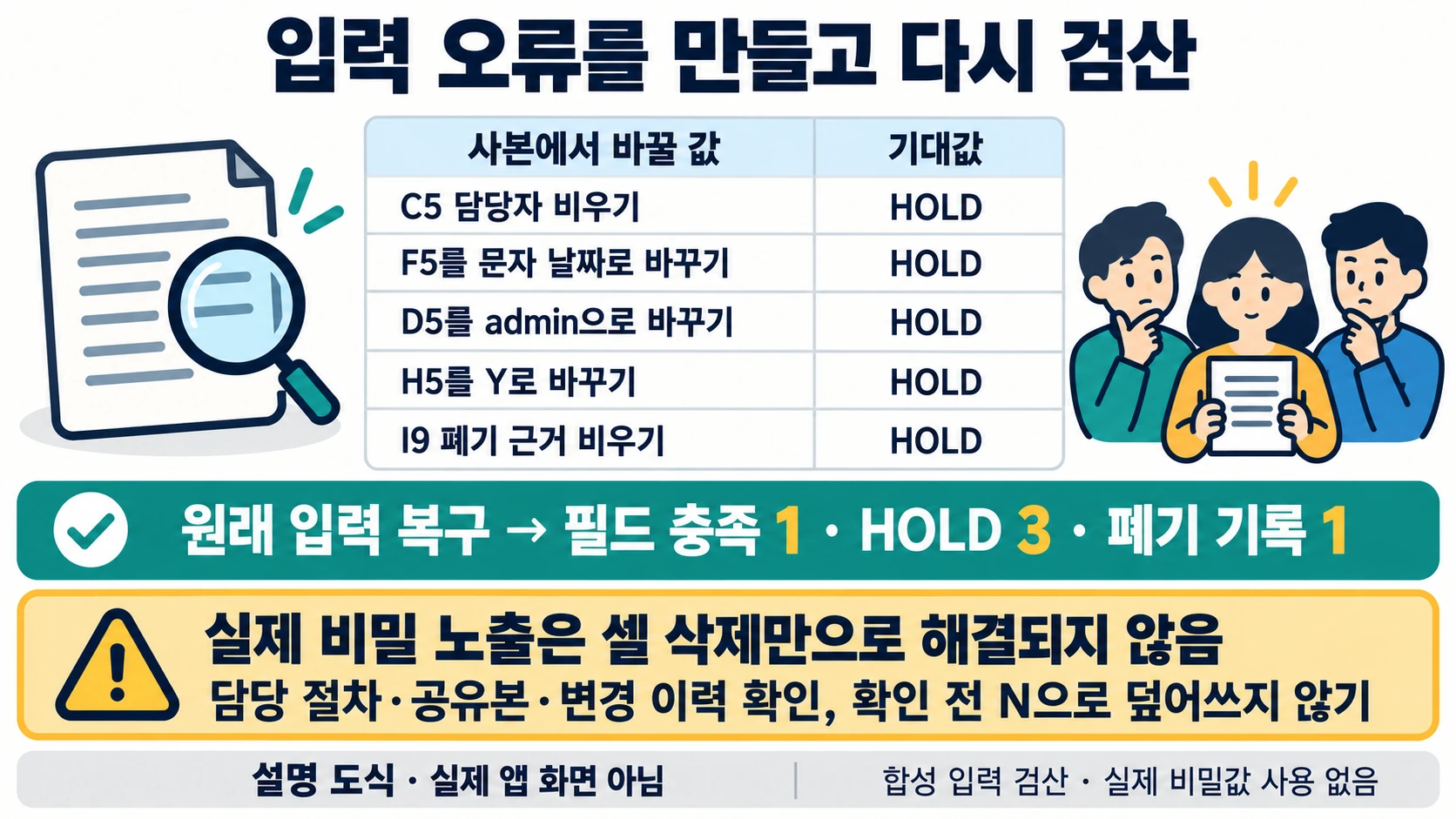 C5·F5·D5·H5·I9의 실패 입력과 원래 1·3·1 판정으로 복원하는 설명 도해