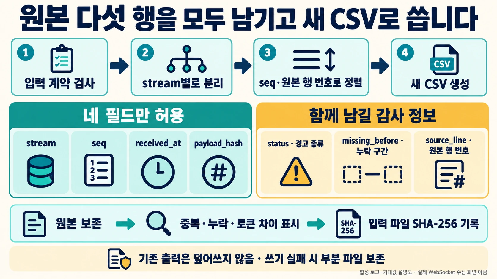 네 필드 계약 검사와 stream별 정렬, 원본 행 번호를 보존한 새 CSV 생성