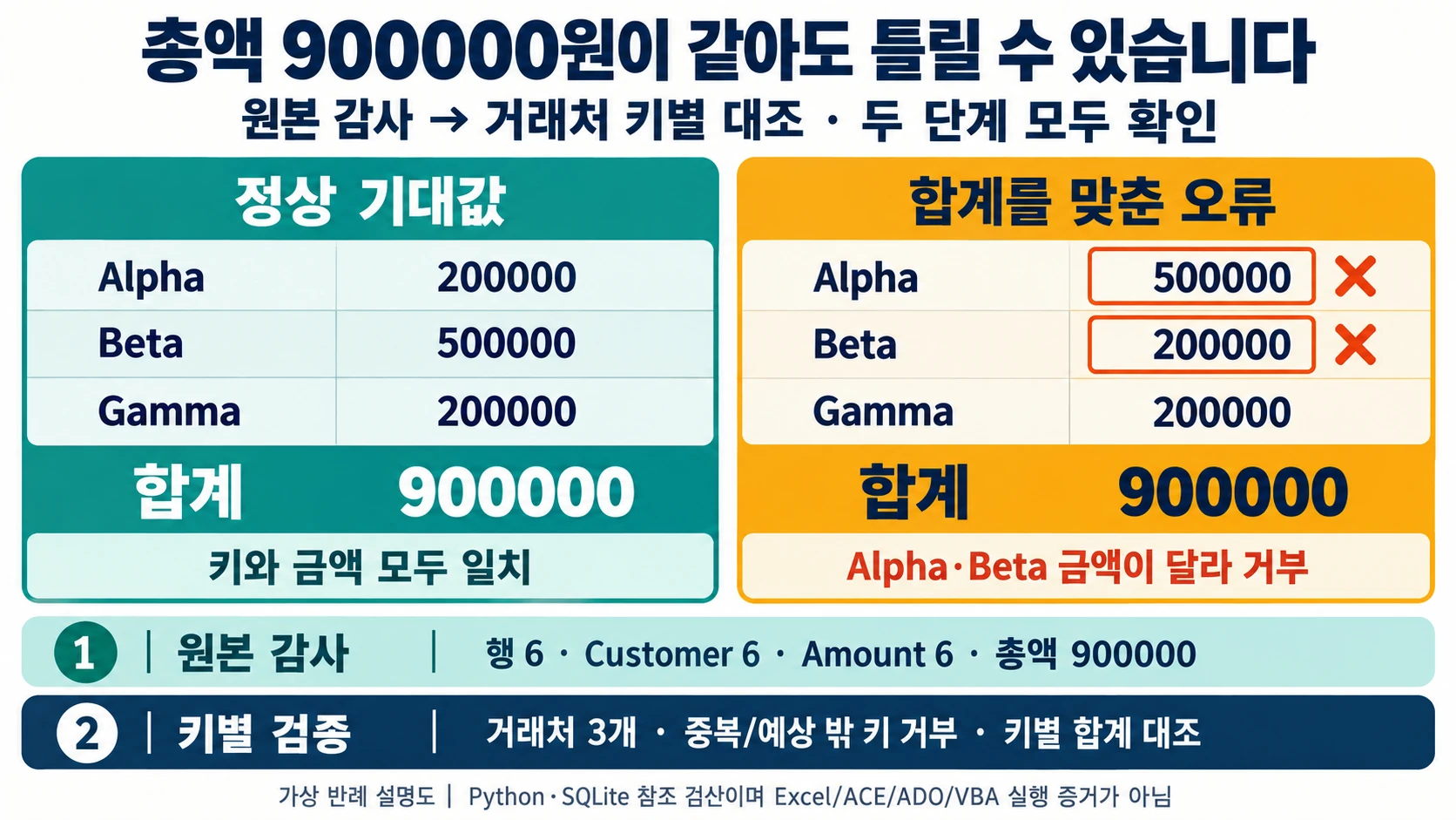 Excel VBA ADO 조회: 거래처별 합계와 원본 6행을 함께 대조하기 3 총액900000원이 같아도 Alpha·Beta 금액을 바꾼 결과를 거부하고 원본 감사와 키별 합계를 함께 확인하는 도해