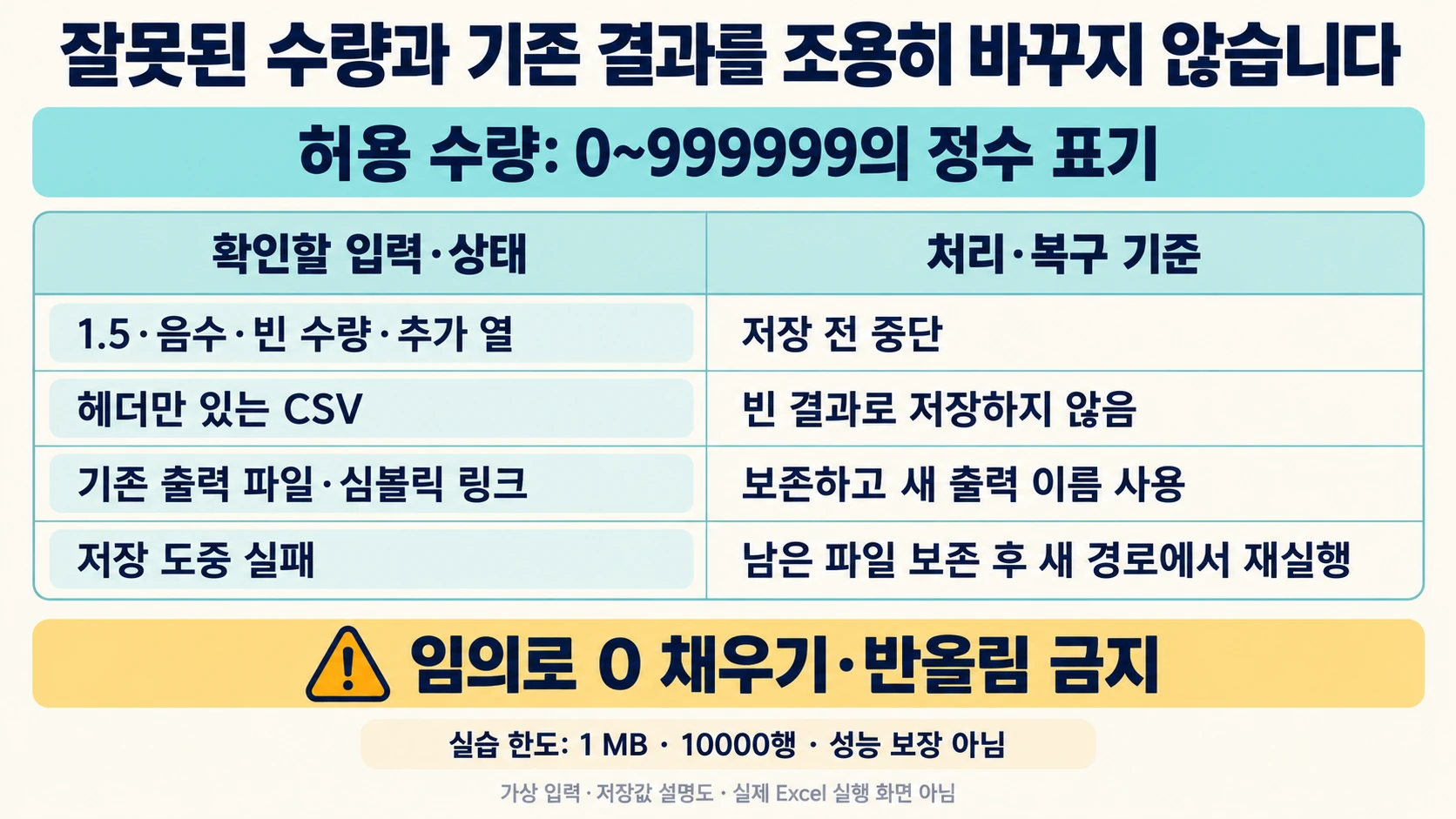 허용 수량 범위와 잘못된 입력·기존 파일·부분 저장 실패를 구분하는 복구 기준