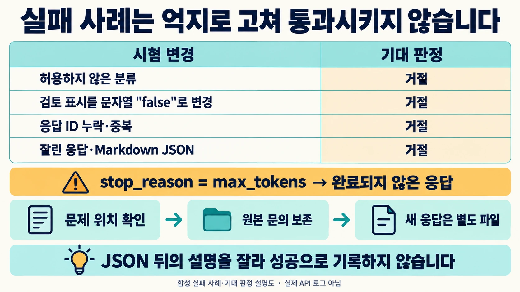 분류 오류·문자열 불리언·ID 누락과 중복·잘린 응답을 거절하는 합성 시험