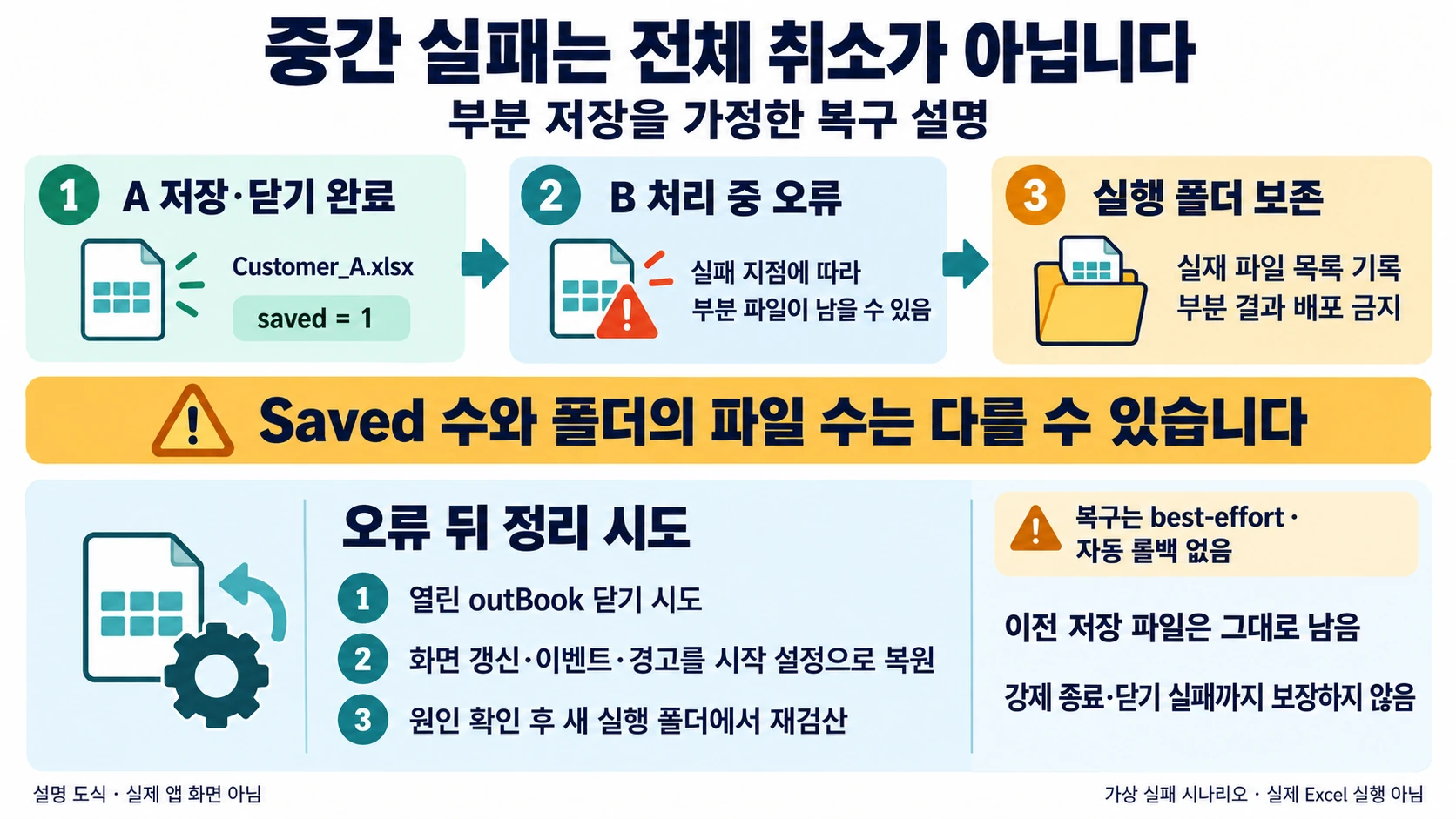 A 저장 후 B 오류가 나면 부분 결과와 실행 폴더를 보존하고 재검산하는 설명 도해