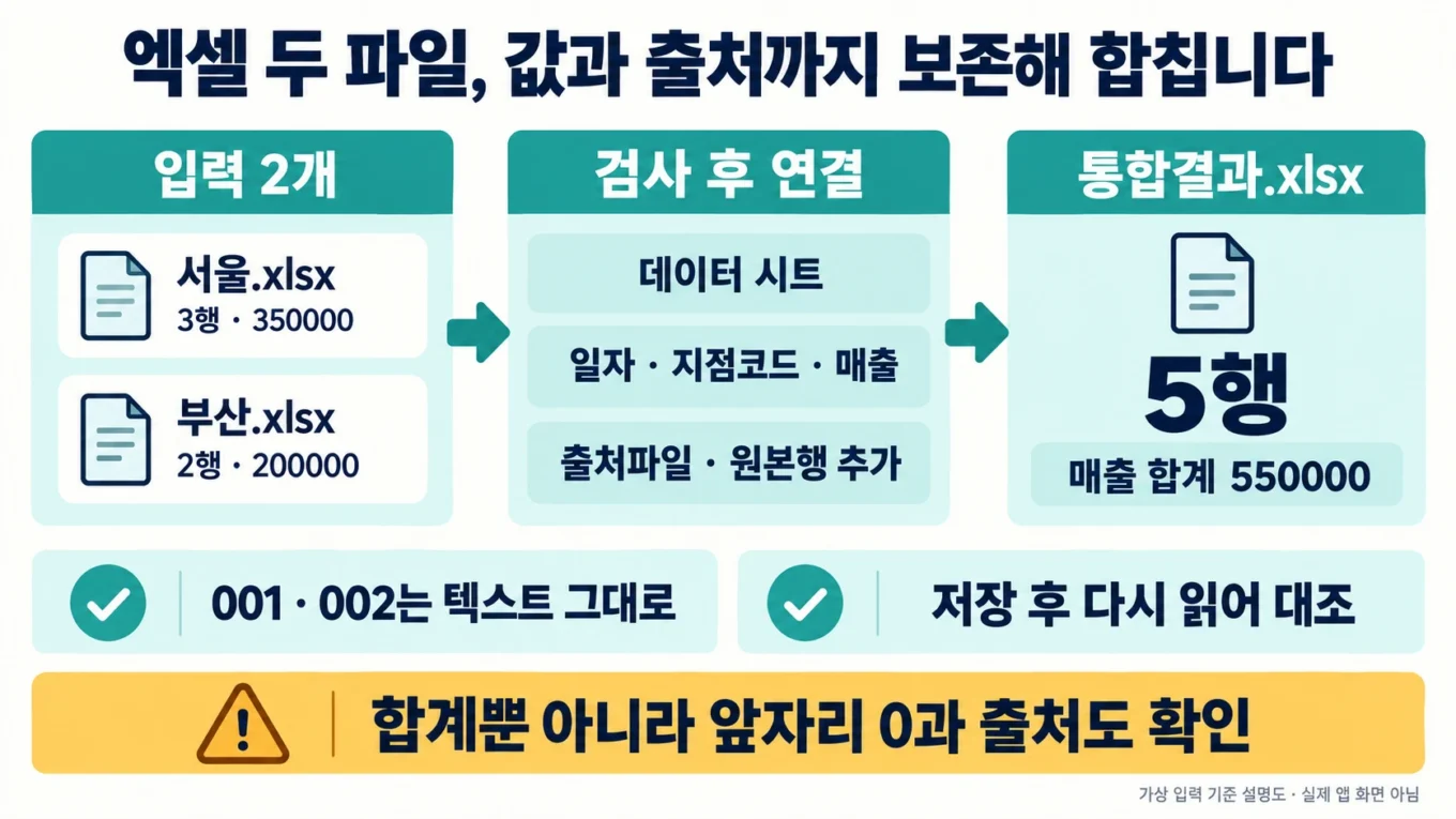 서울 3행과 부산 2행을 검사해 5행·매출 550000으로 합치고 지점코드와 출처를 보존하는 pandas 병합 개요
