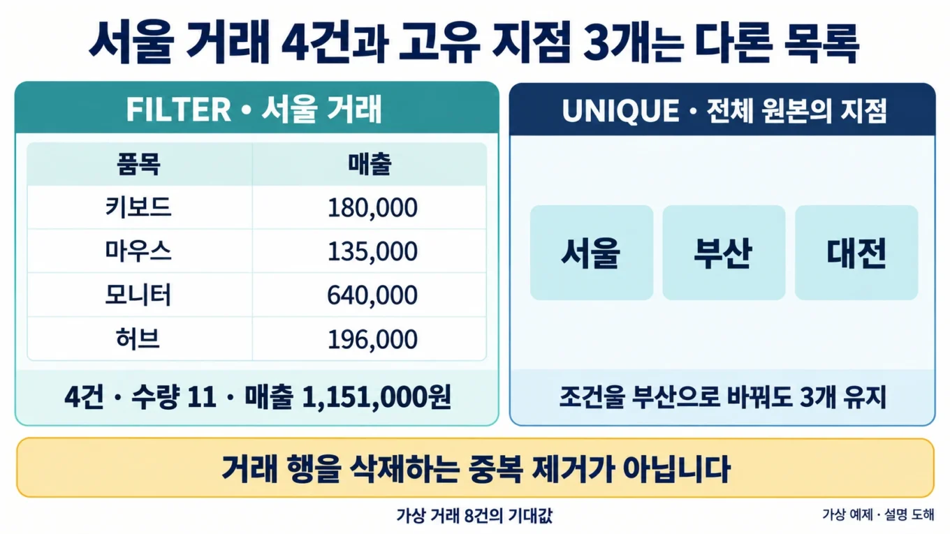 서울 거래4건 수량11·매출1151000과 전체원본 고유지점3개를 구분하는 설명 도해