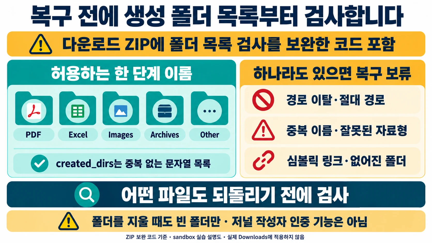 설명용 도해: 복구 전에 created_dirs의 허용 폴더명, 자료형, 중복, 심볼릭 링크와 존재 여부를 검사