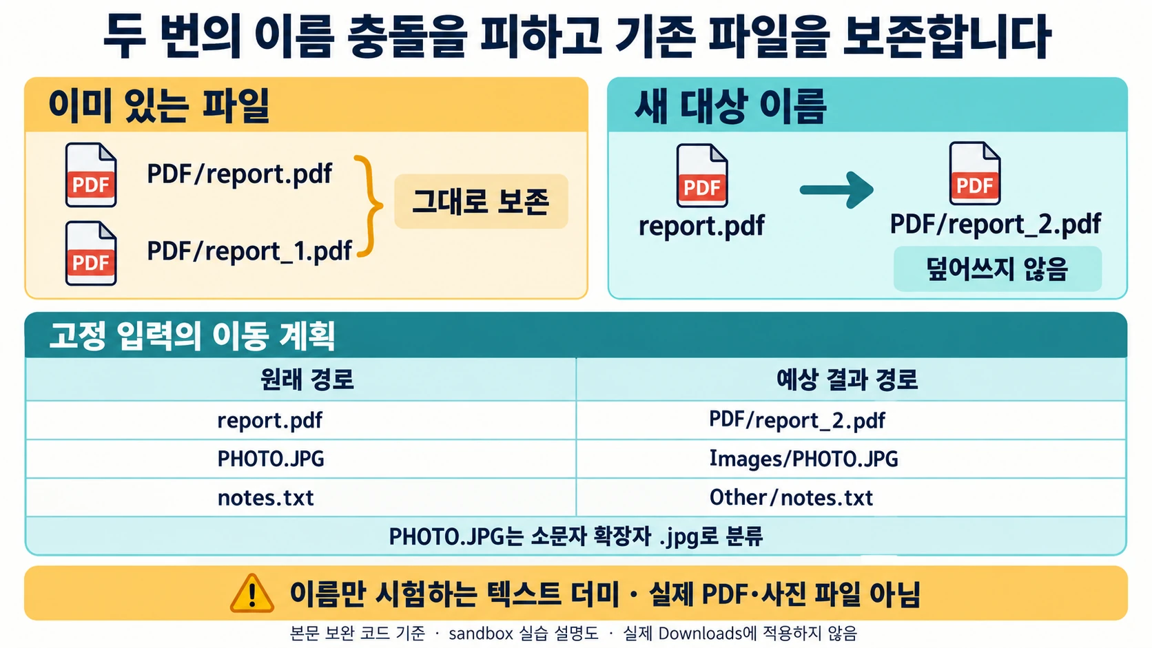 기존 report.pdf와 report_1.pdf를 보존하면서 report_2.pdf를 선택하는 충돌 회피 및 세 파일 이동 계획