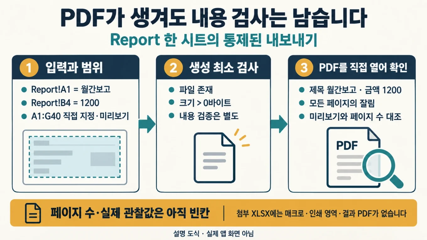 Report의 제목·1200·인쇄 영역과 PDF 생성·내용 확인을 분리한 설명 도해