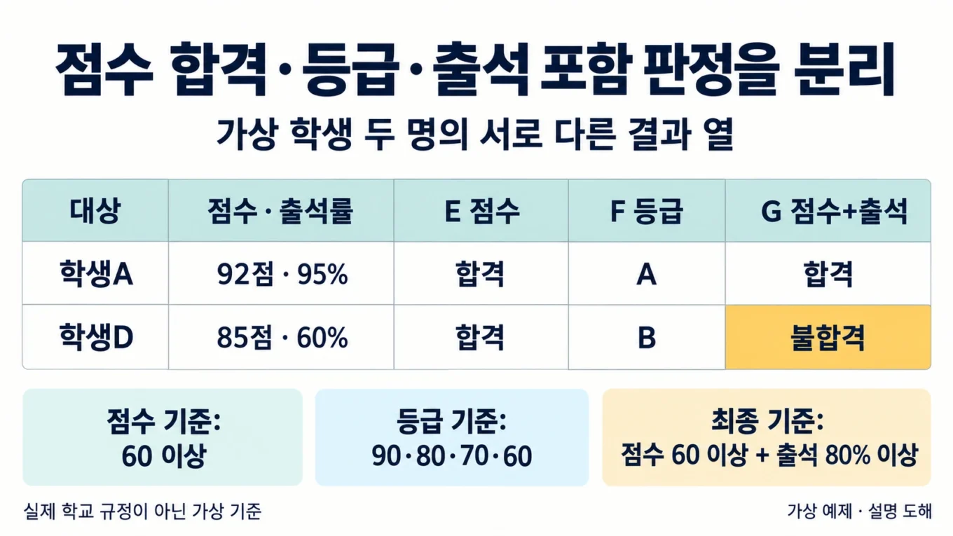 가상 학생 A와 D의 점수 합격·등급·출석 포함 판정을 별도 열로 비교한 설명 도해