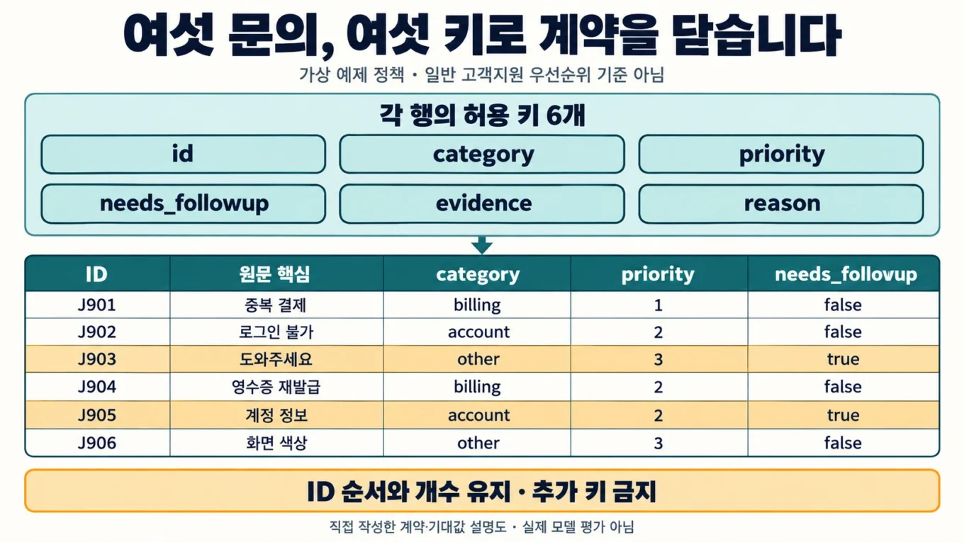 가상 문의 J901~J906의 고정 분류·우선순위·추가 확인 값과 허용된 여섯 JSON 키