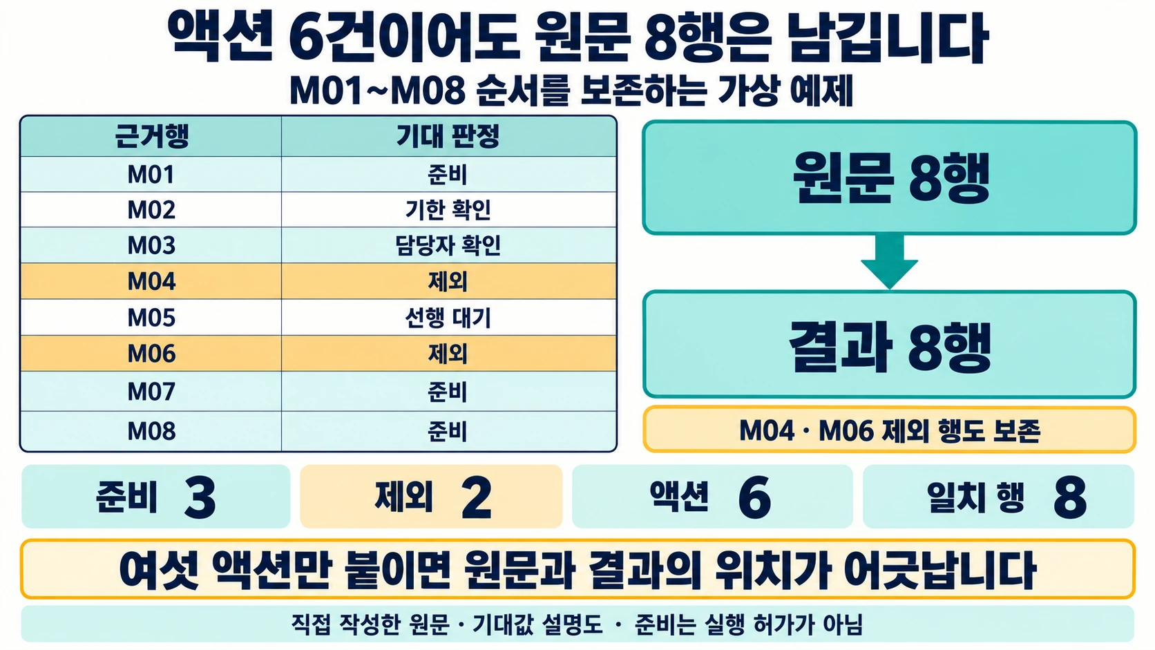 M01~M08 여덟 행의 기대 판정과 제외 행 보존, 준비 3·제외 2·액션 6·일치 행 8