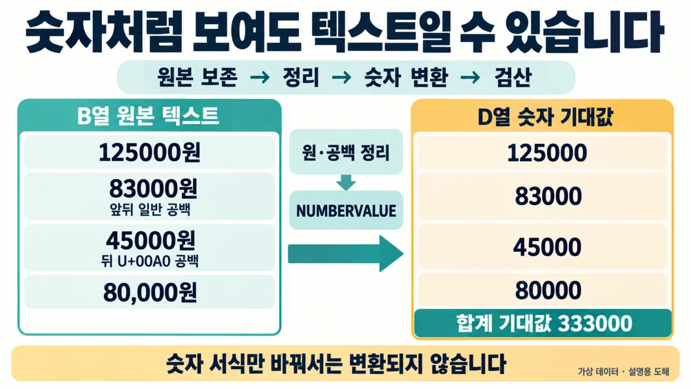 가상 금액 텍스트 125000원, 앞뒤 일반 공백이 있는 83000원, 뒤에 U+00A0 공백이 있는 45000원, 80,000원을 정리하고 NUMBERVALUE로 변환해 125000·83000·45000·80000과 합계 기대값 333000을 확인하는 설명도