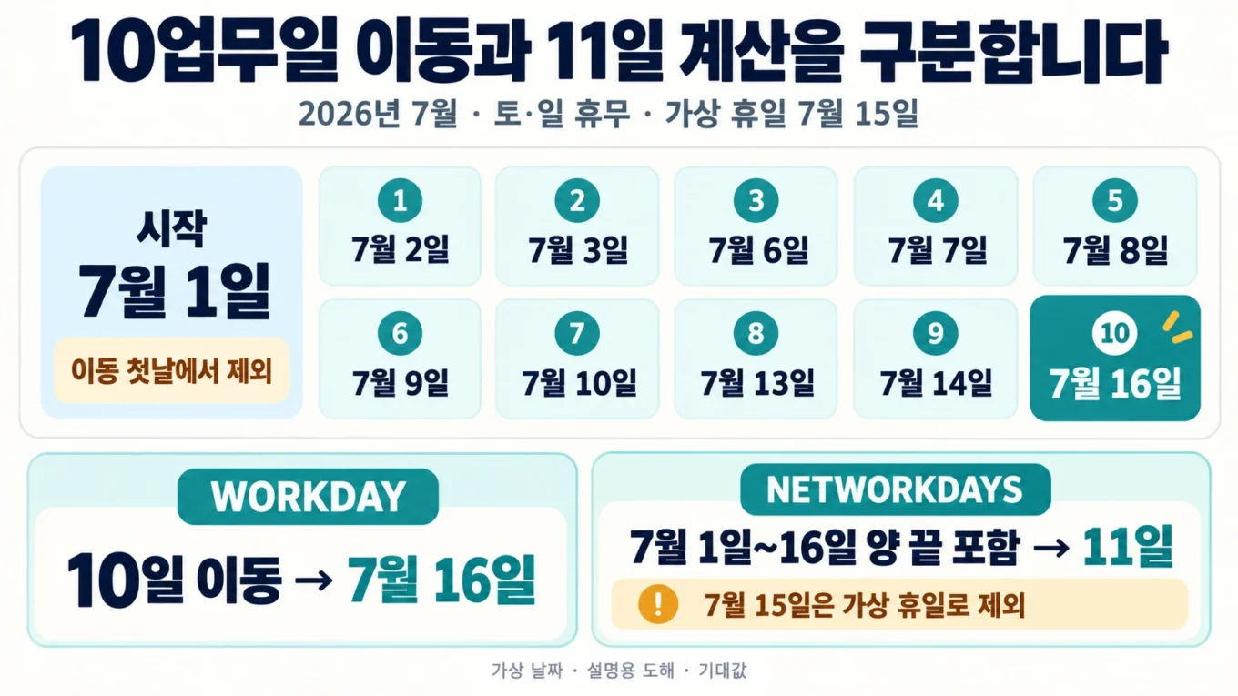 가상 휴일을 제외한 10개 이동 날짜와 시작일을 포함한 11업무일을 비교하는 설명 도해