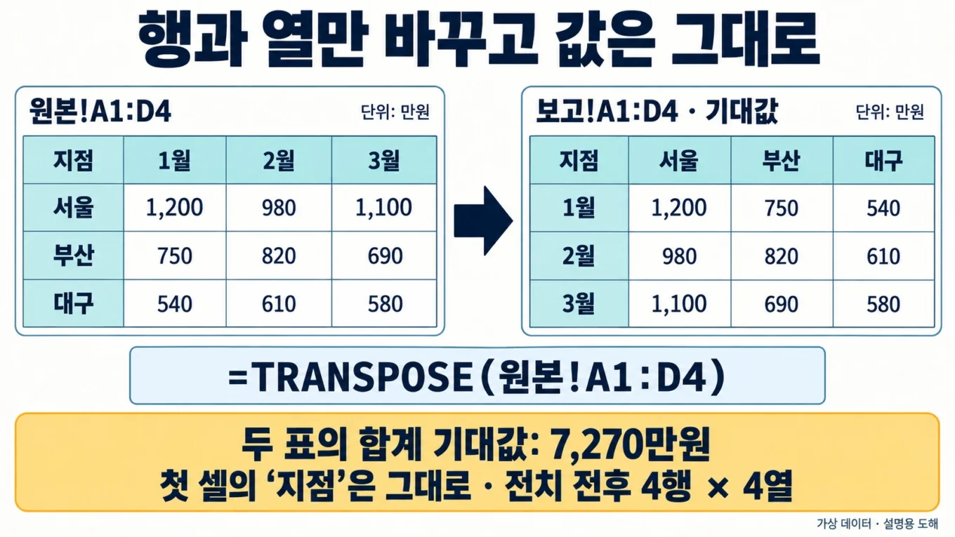 서울·부산·대구의 가상 월별 매출 4행 4열 표와 TRANSPOSE 기대값을 나란히 비교한 도해. 원본 첫 행은 결과 첫 열이 되고 합계는 7,270만원으로 유지됩니다.